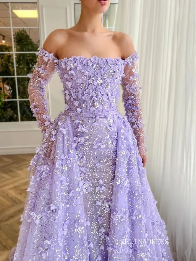 3D Floral Lace Long Prom Dresses With Overskirt Long Sleeve Evening Dress #EWR902