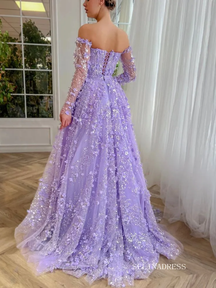 3D Floral Lace Long Prom Dresses With Overskirt Long Sleeve Evening Dress #EWR902