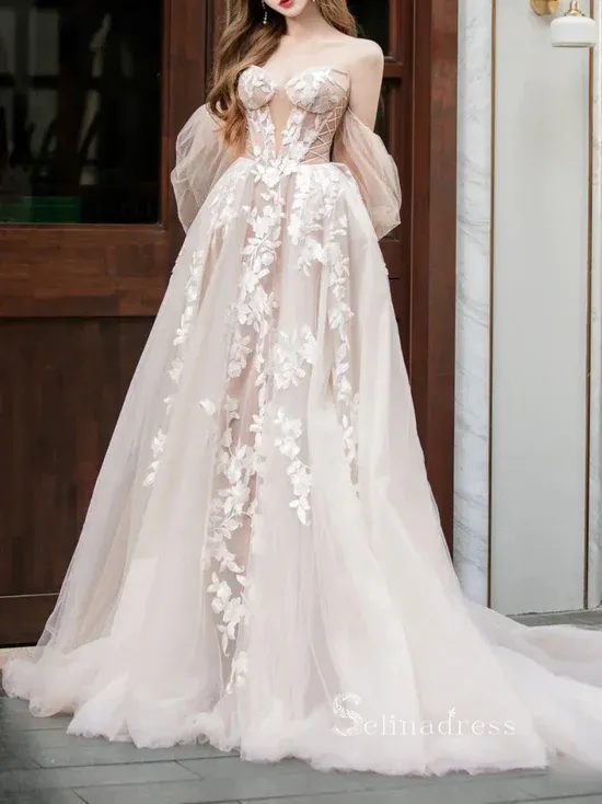 A-line Champagne Tulle Lace Long Prom Dress Wedding Dress Long Sleeve Wedding Gowns cbd495