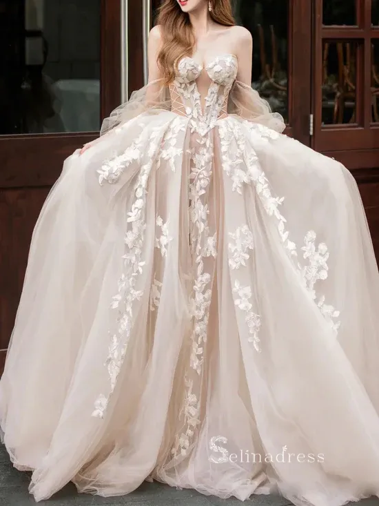 A-line Champagne Tulle Lace Long Prom Dress Wedding Dress Long Sleeve Wedding Gowns cbd495