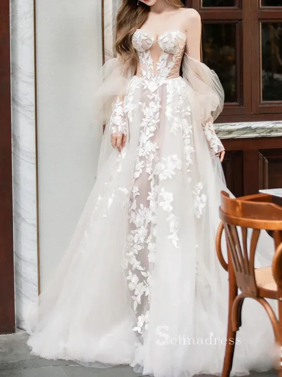 A-line Champagne Tulle Lace Long Prom Dress Wedding Dress Long Sleeve Wedding Gowns cbd495