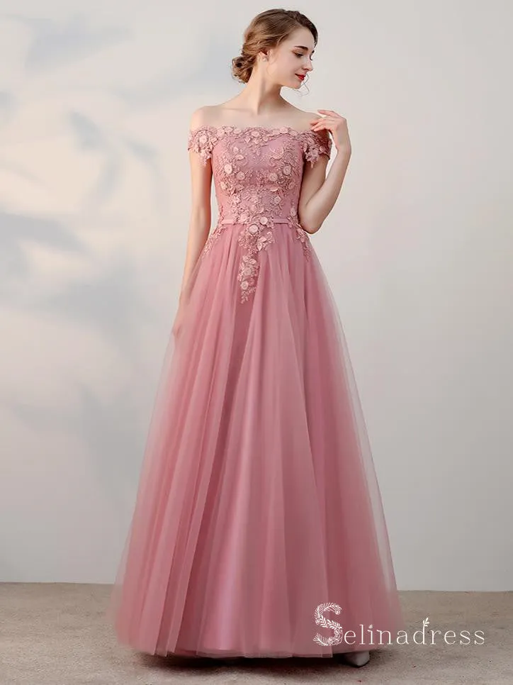 A-line Off-the-shoulder Pink Vintage Long Prom Dresses Applique Long Formal Gowns SED010