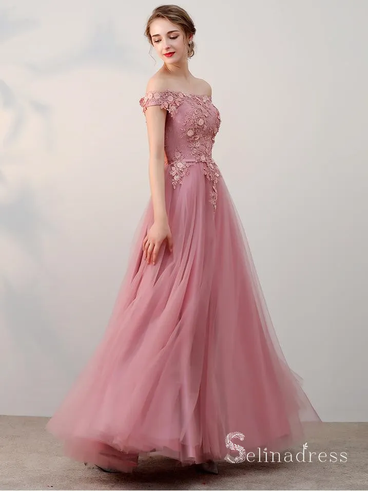 A-line Off-the-shoulder Pink Vintage Long Prom Dresses Applique Long Formal Gowns SED010