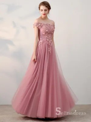 A-line Off-the-shoulder Pink Vintage Long Prom Dresses Applique Long Formal Gowns SED010