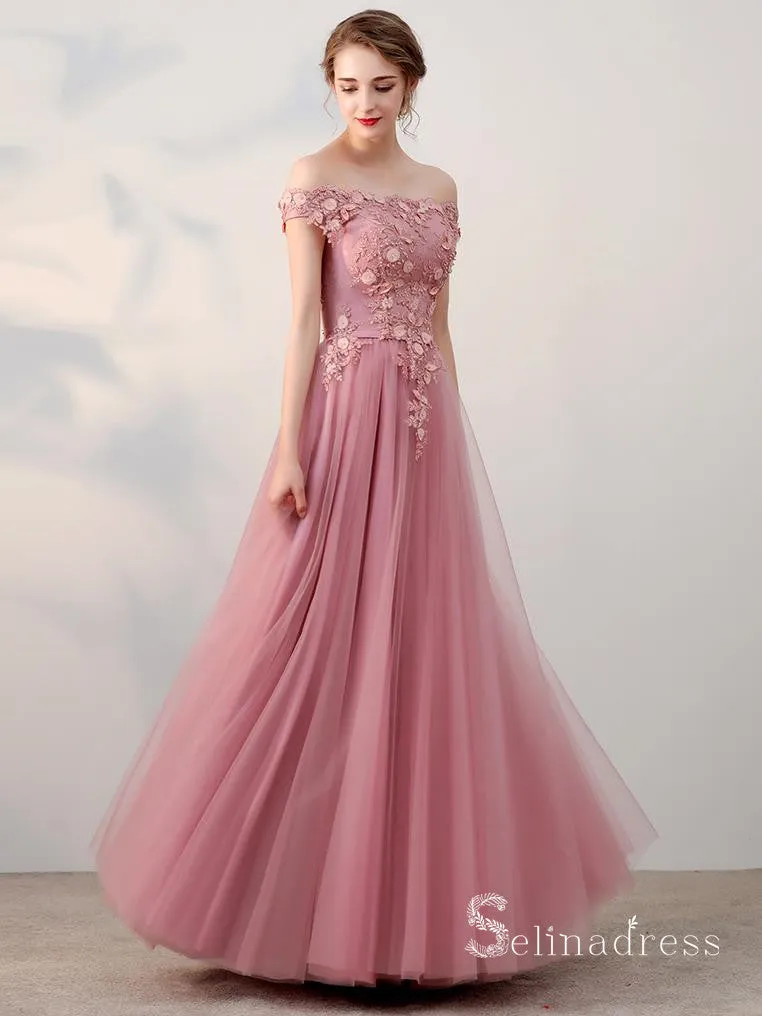 A-line Off-the-shoulder Pink Vintage Long Prom Dresses Applique Long Formal Gowns SED010