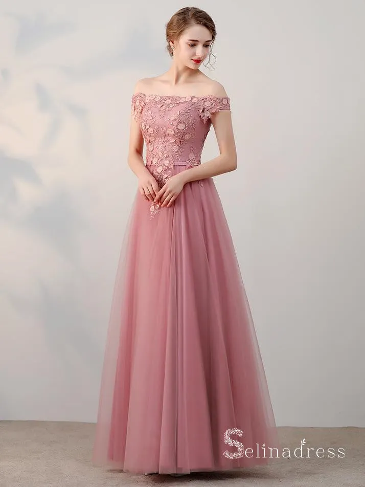 A-line Off-the-shoulder Pink Vintage Long Prom Dresses Applique Long Formal Gowns SED010