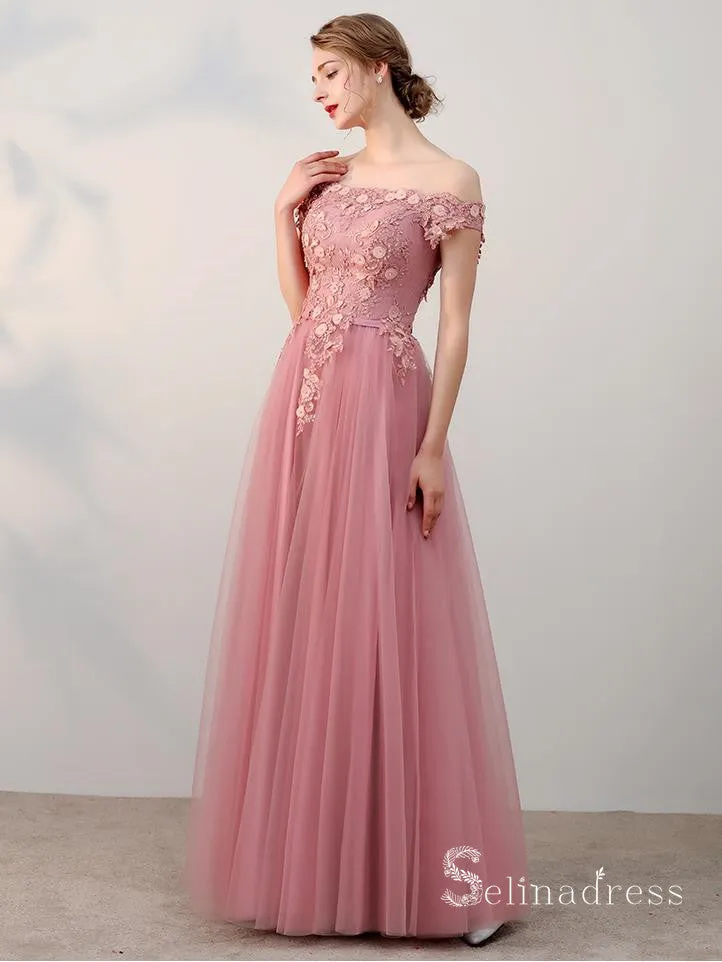 A-line Off-the-shoulder Pink Vintage Long Prom Dresses Applique Long Formal Gowns SED010