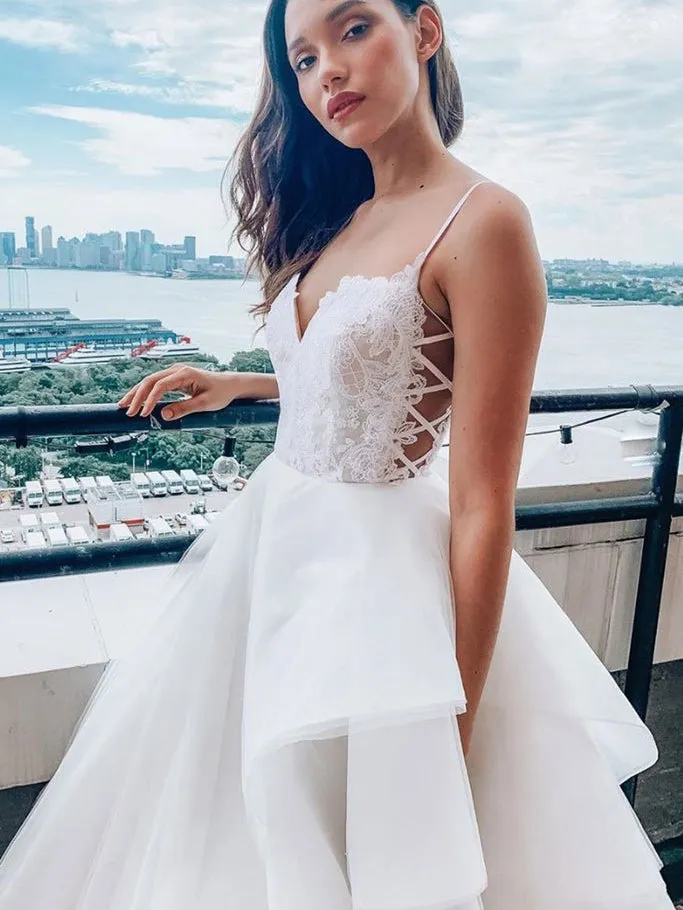 A-line Spaghetti Straps White Lace Long Prom Dresses Formal Dress Evening Gowns CBD573