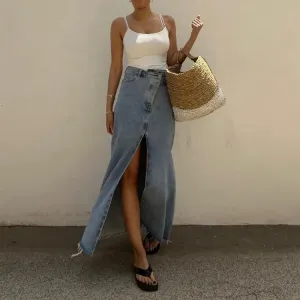 Autumn Winter Fashion High Waist Split Vintage Long Denim Wrapped Hip Skirt