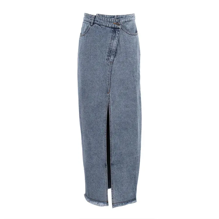 Autumn Winter Fashion High Waist Split Vintage Long Denim Wrapped Hip Skirt