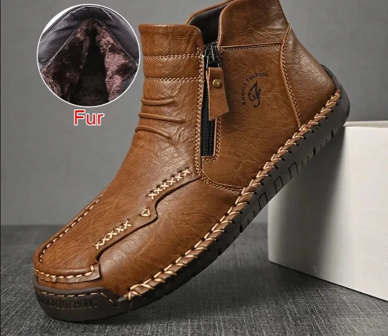 Autumn Winter Fur Ankle Boots Casual Mens Shoes Warm Plush Handmade Microfiber Leather Waterproof Boots For Men