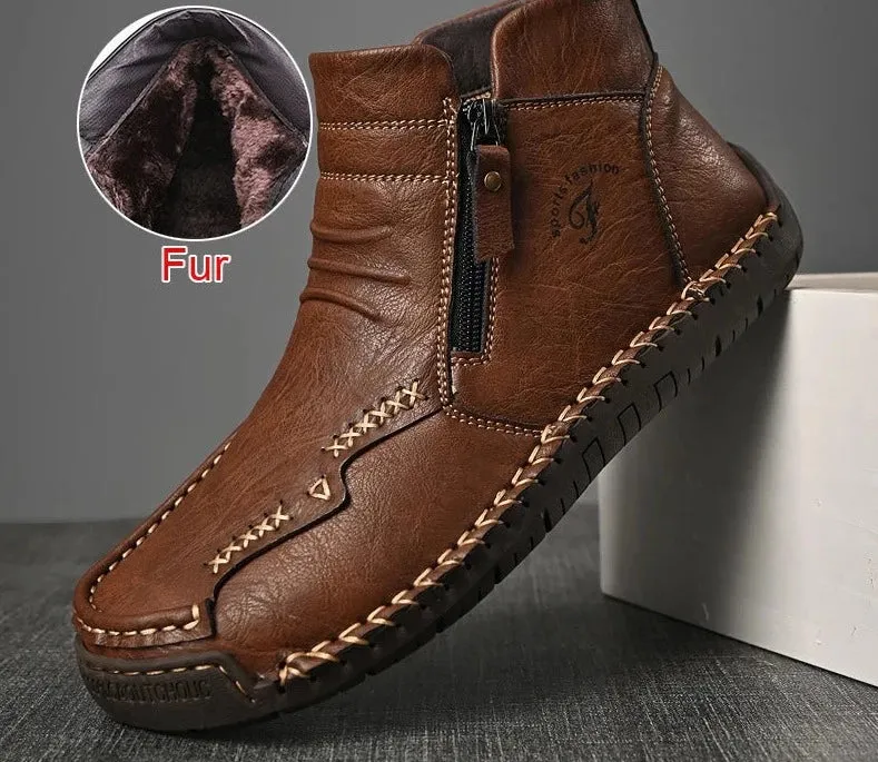 Autumn Winter Fur Ankle Boots Casual Mens Shoes Warm Plush Handmade Microfiber Leather Waterproof Boots For Men