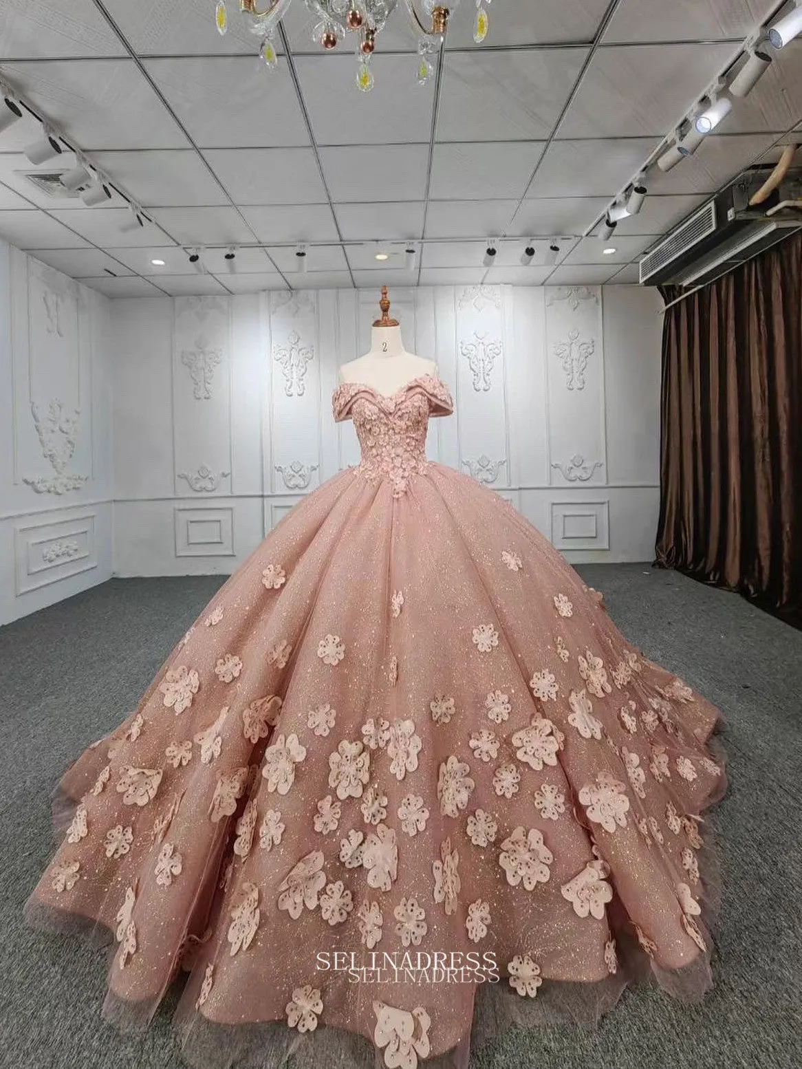 Ball Gown Beaded Floral Rose Pink Long Formal Dress Quincess Evening Dresses MLH06983