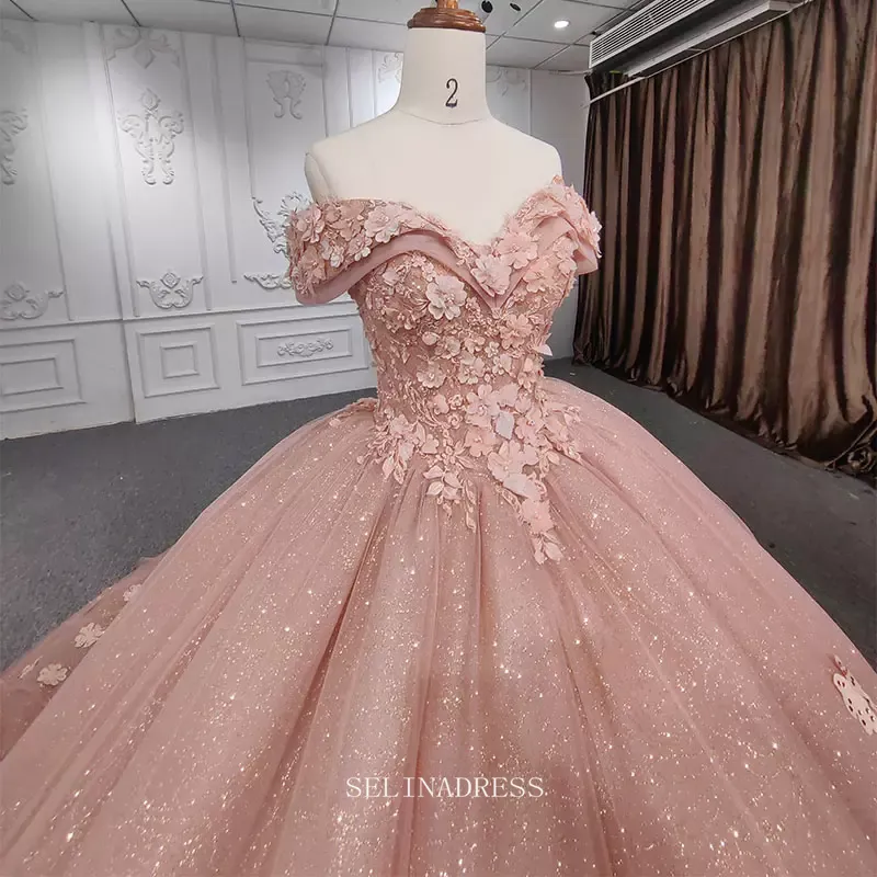 Ball Gown Beaded Floral Rose Pink Long Formal Dress Quincess Evening Dresses MLH06983