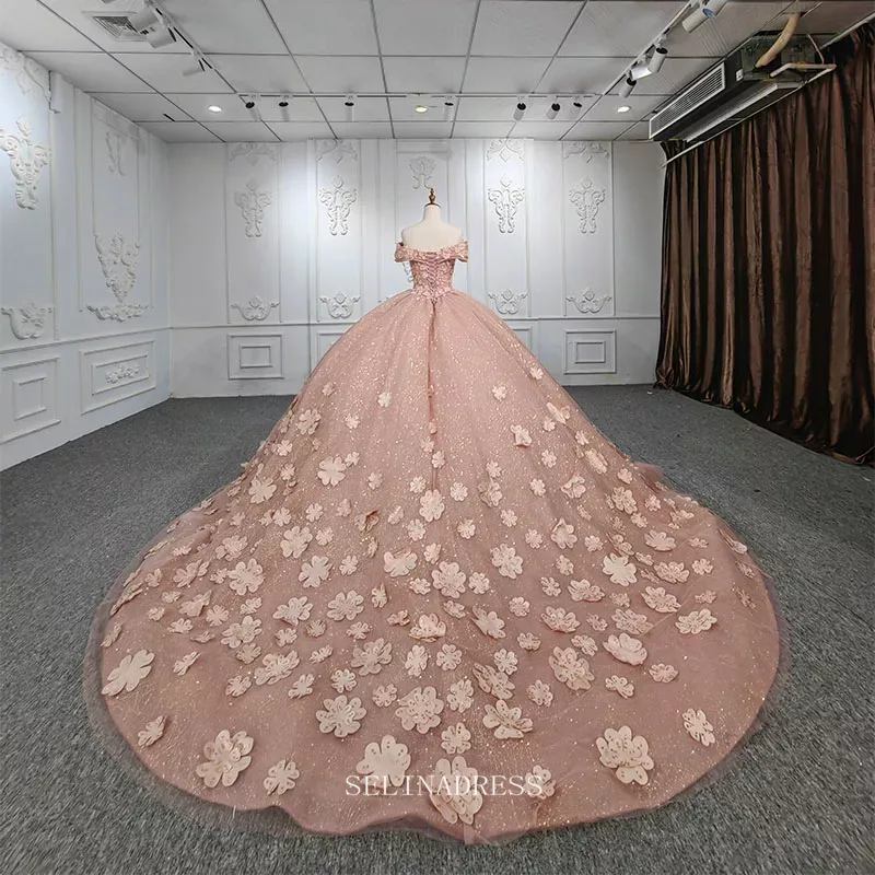 Ball Gown Beaded Floral Rose Pink Long Formal Dress Quincess Evening Dresses MLH06983