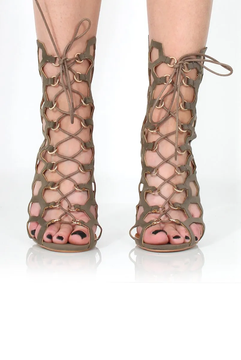 Bella Khaki Suede Caged Lace Up Heels