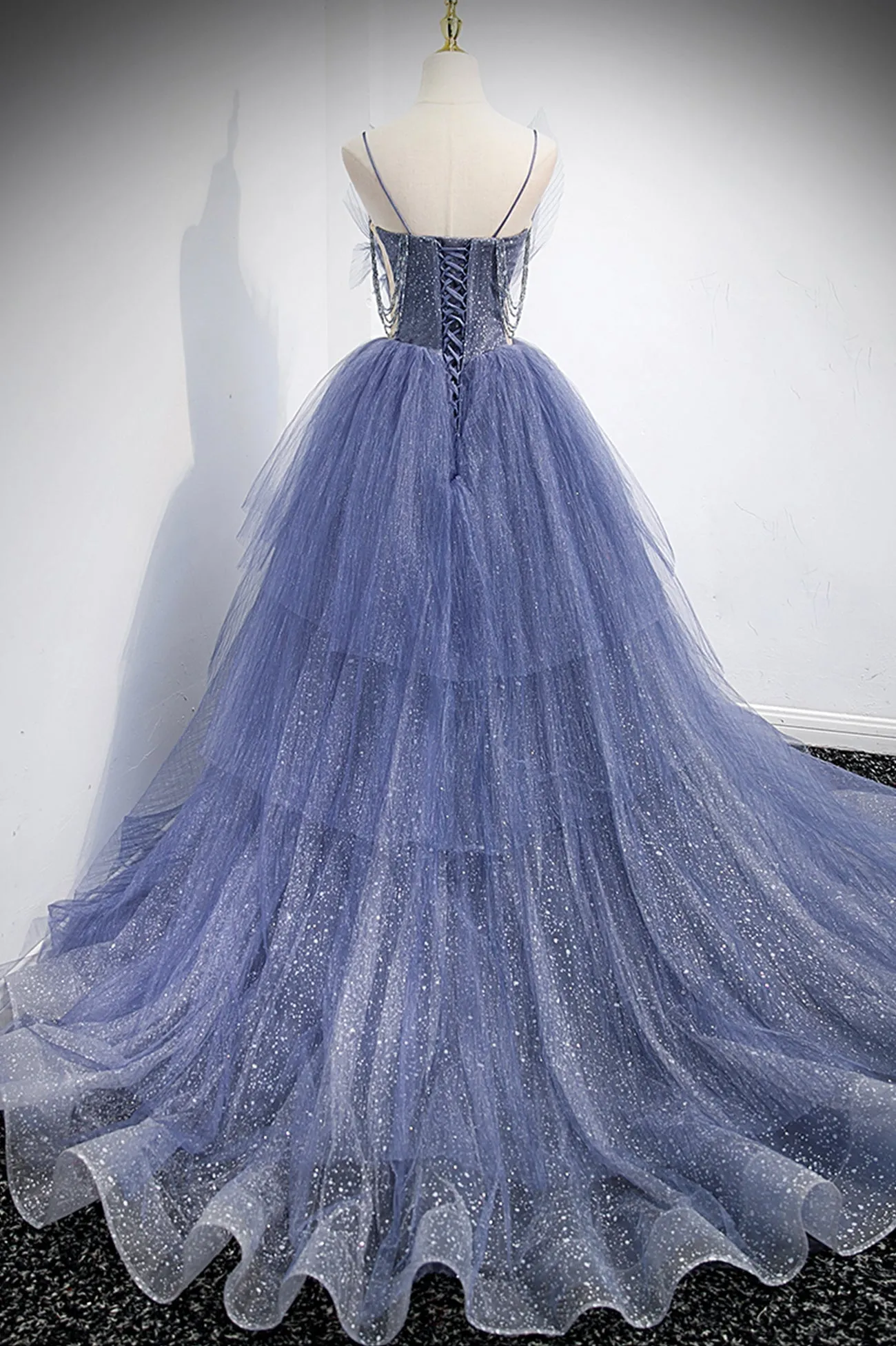 Blue Layers Tulle Long Prom Dresses A-Line Spaghetti Straps Evening Dresses