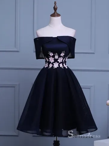 Chic A-line Off-the-shoulder Homecoming Dress Dark Navy Short Prom Dress MHL046