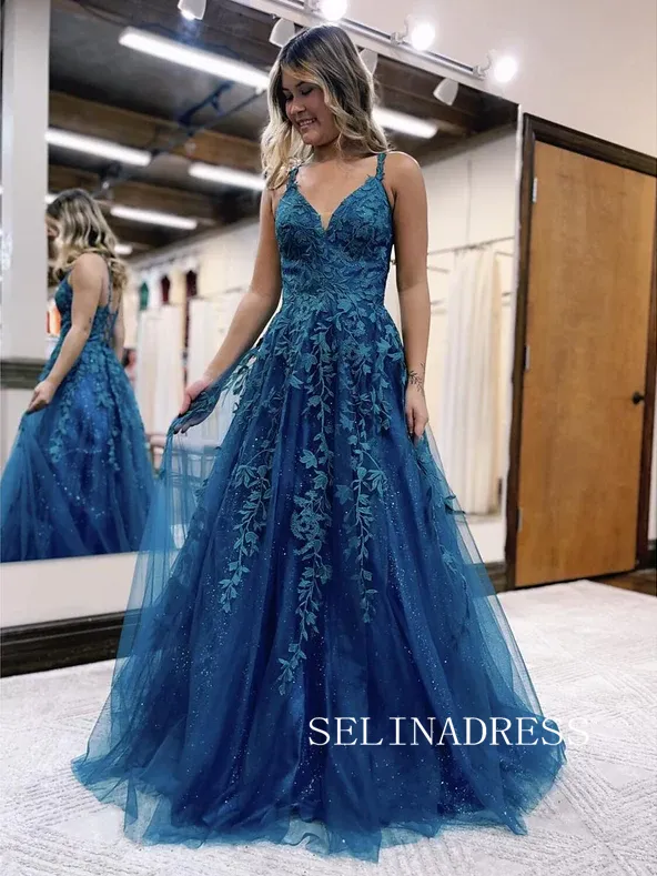 Chic A-line Spaghetti Straps Appliue Long Prom Dresses Blue Evening Dress TKH023