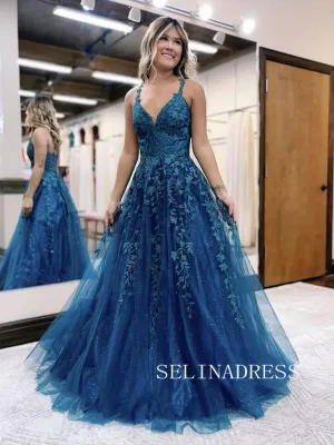 Chic A-line Spaghetti Straps Appliue Long Prom Dresses Blue Evening Dress TKH023