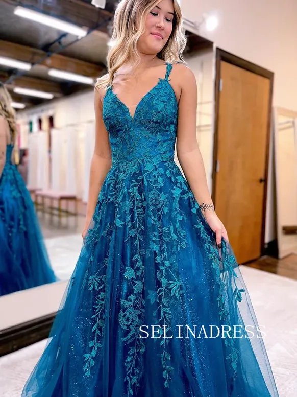 Chic A-line Spaghetti Straps Appliue Long Prom Dresses Blue Evening Dress TKH023