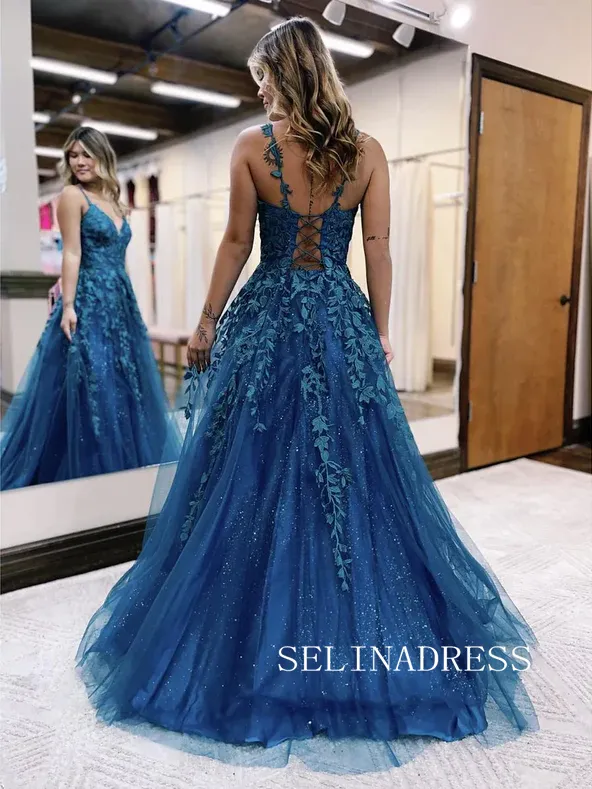 Chic A-line Spaghetti Straps Appliue Long Prom Dresses Blue Evening Dress TKH023