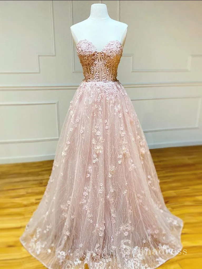 Chic A-line Sweetheart Pink Long Prom Dresses Lace Evening Gowns CBD572