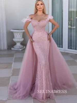 Chic Mermaid Off-the-shoulder Pink Evening Gowns With Beaded Feather Evening Dress SEW0168