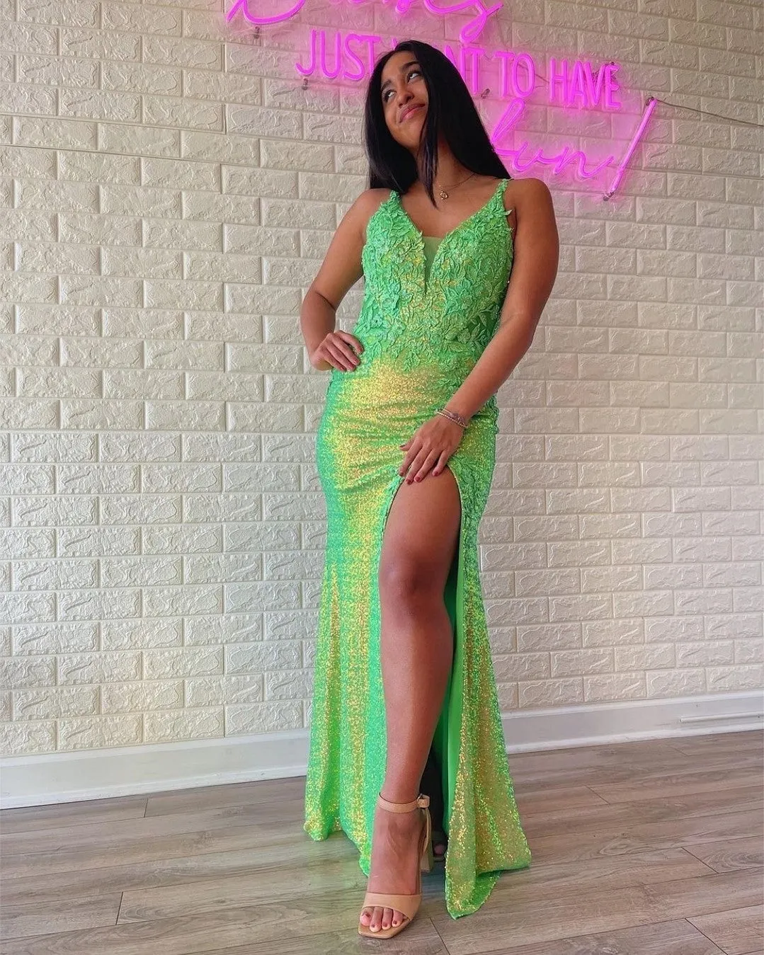 Chic Mermaid Spaghetti Straps Sequins Lace Long Prom Dress Green Elegant Evening Dress #JKSS56