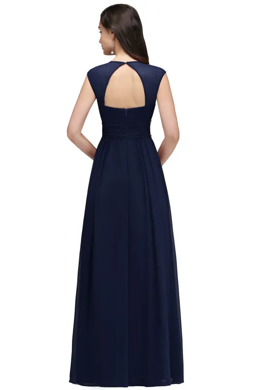 Chic V-Neck Ruffle Chiffon Aline Evening Dress with Chains Sleeveless Empire Bridesmaid Dress