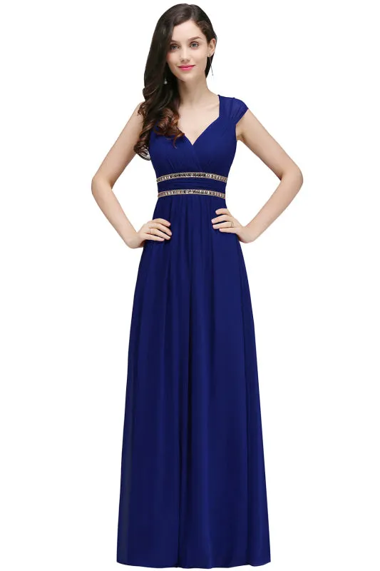 Chic V-Neck Ruffle Chiffon Aline Evening Dress with Chains Sleeveless Empire Bridesmaid Dress