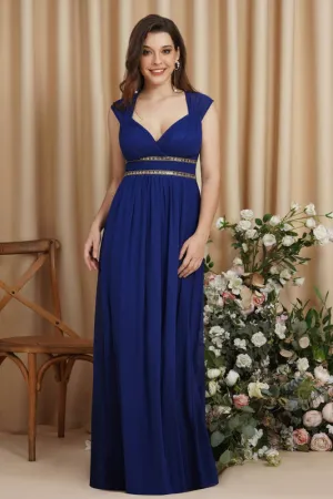 Chic V-Neck Ruffle Chiffon Aline Evening Dress with Chains Sleeveless Empire Bridesmaid Dress