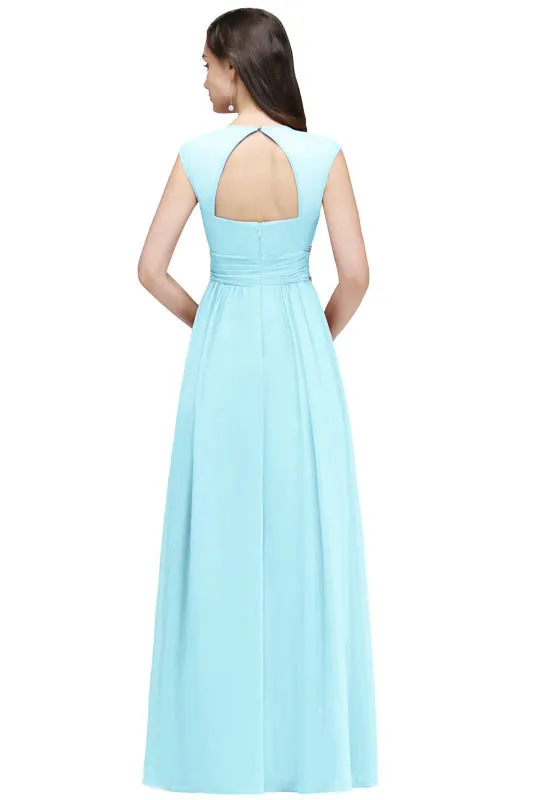 Chic V-Neck Ruffle Chiffon Aline Evening Dress with Chains Sleeveless Empire Bridesmaid Dress