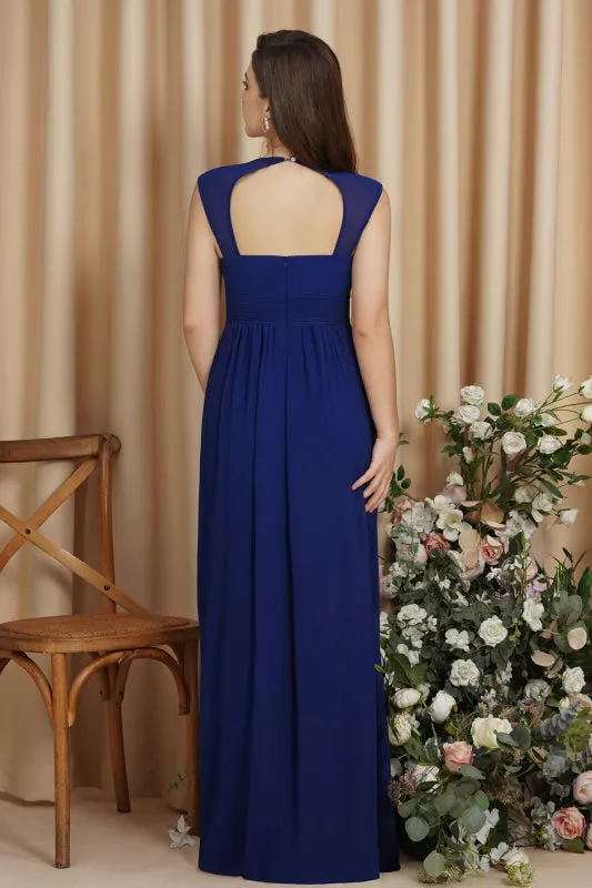 Chic V-Neck Ruffle Chiffon Aline Evening Dress with Chains Sleeveless Empire Bridesmaid Dress