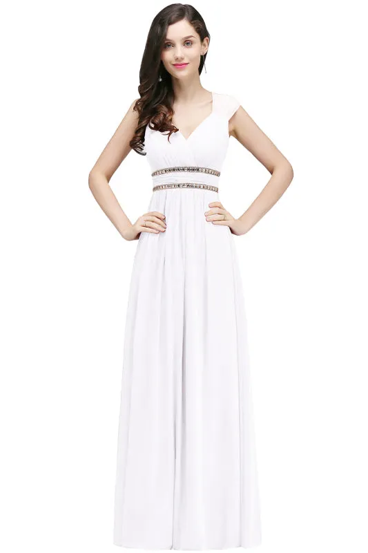 Chic V-Neck Ruffle Chiffon Aline Evening Dress with Chains Sleeveless Empire Bridesmaid Dress