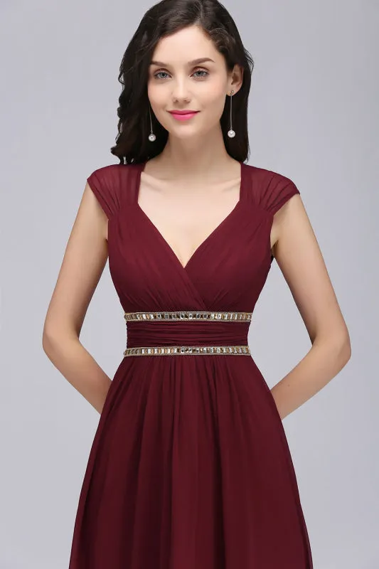 Chic V-Neck Ruffle Chiffon Aline Evening Dress with Chains Sleeveless Empire Bridesmaid Dress