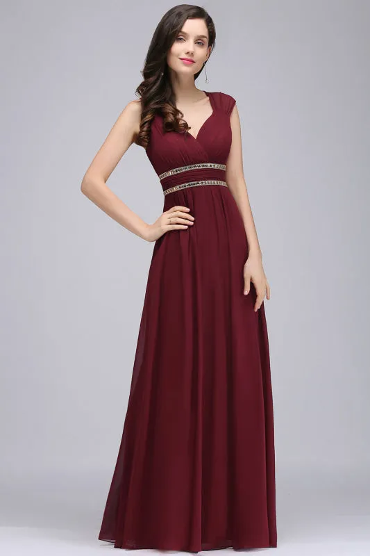 Chic V-Neck Ruffle Chiffon Aline Evening Dress with Chains Sleeveless Empire Bridesmaid Dress