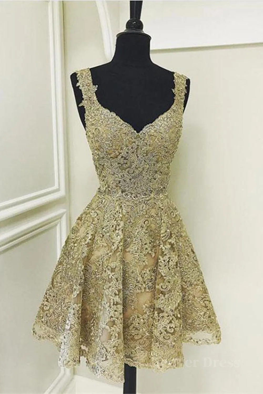 Cute V Neck Golden Lace Short Prom Dresses Golden Lace Homecoming Dresses Golden Formal Evening Dresses