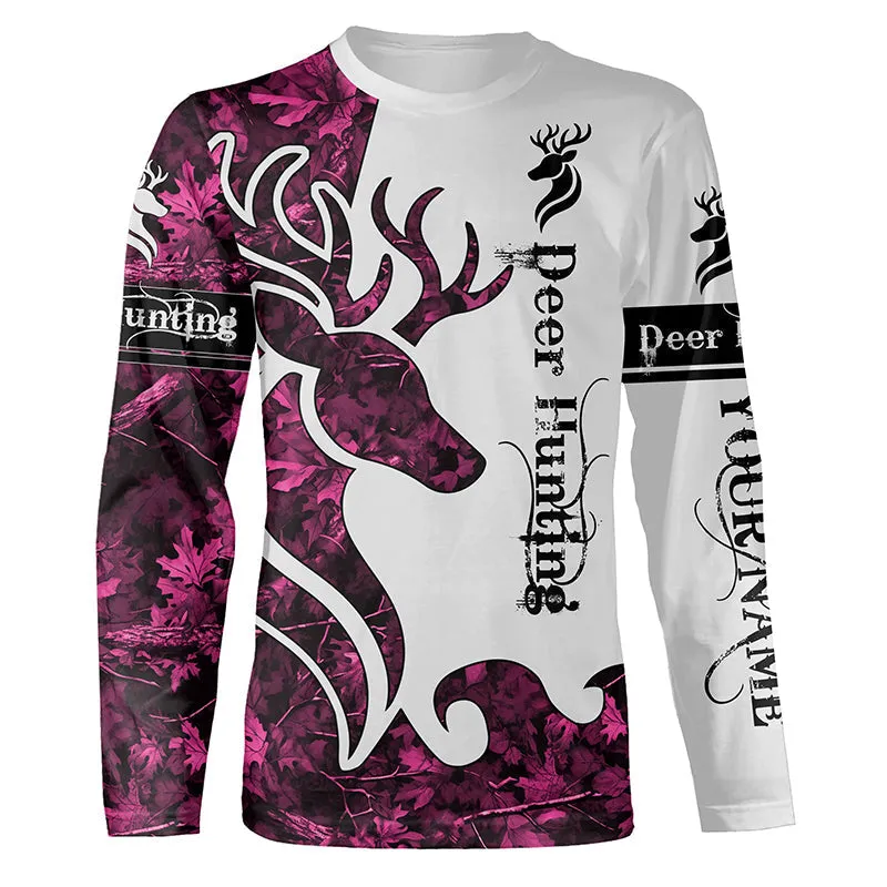 Deer Hunting Pink Camo Customize Name 3D Long Sleeve Shirts Personalized Hunting Gift For Women