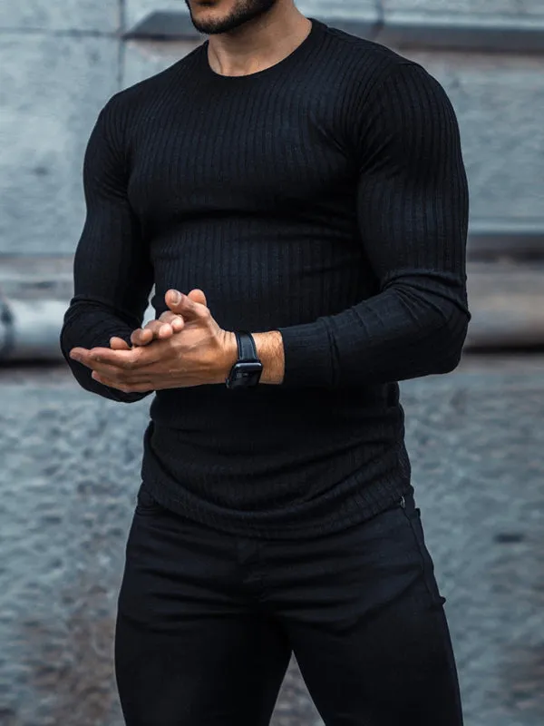 Fitness casual elastic vertical stripe round neck long-sleeved T-shirt