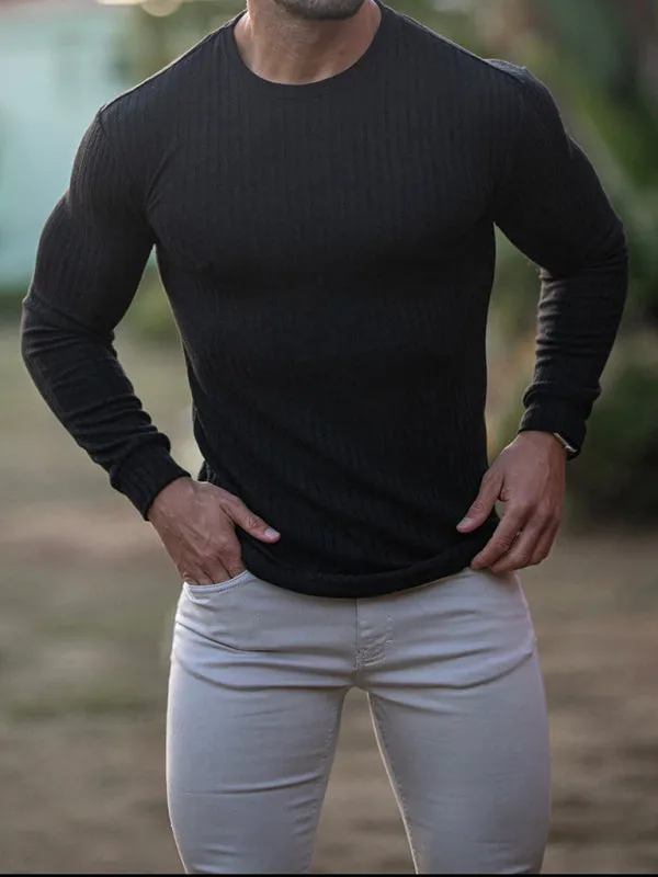 Fitness casual elastic vertical stripe round neck long-sleeved T-shirt