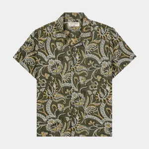 Floral Paisley Woven Mens Short Sleeve Shirt (Olive)