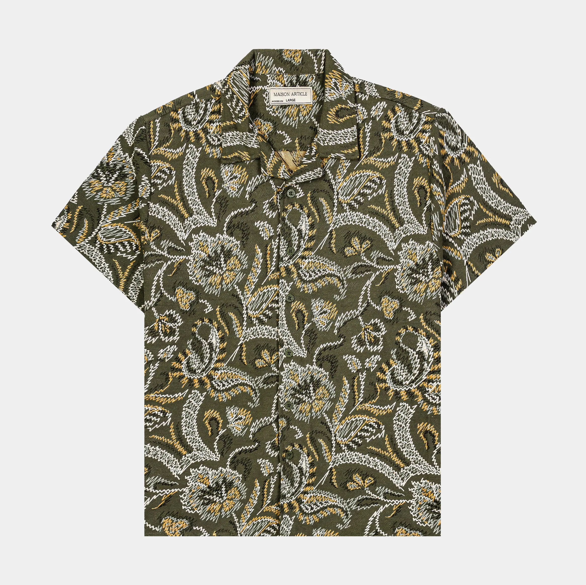 Floral Paisley Woven Mens Short Sleeve Shirt (Olive)