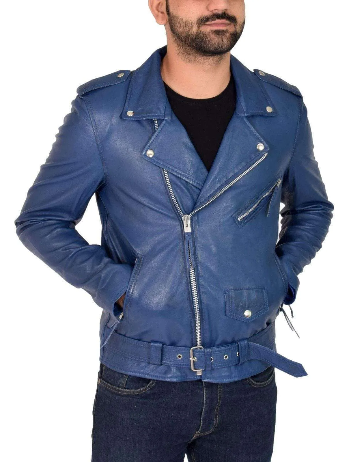 Genuine Blue Lambskin Leather Jacket Slim Fit Biker Motorcycle jacket