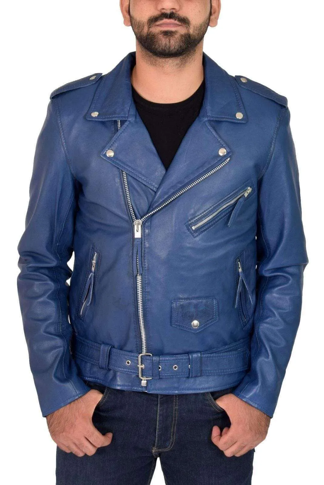 Genuine Blue Lambskin Leather Jacket Slim Fit Biker Motorcycle jacket