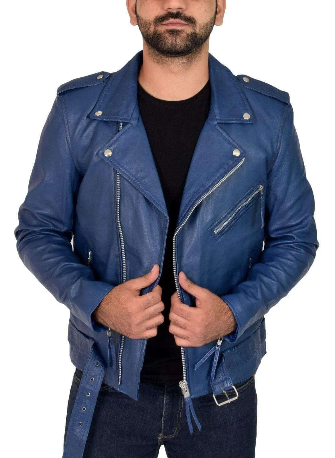 Genuine Blue Lambskin Leather Jacket Slim Fit Biker Motorcycle jacket