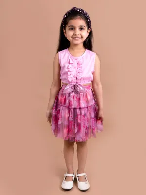 Girls Pink Purple Printed Top With Skirt