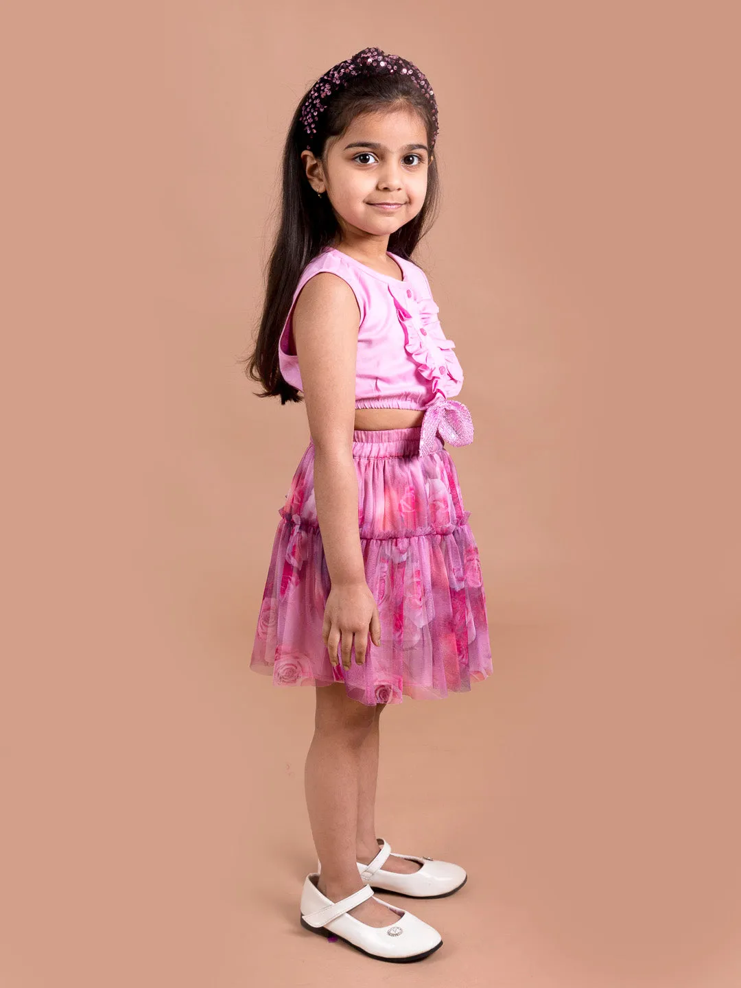 Girls Pink Purple Printed Top With Skirt