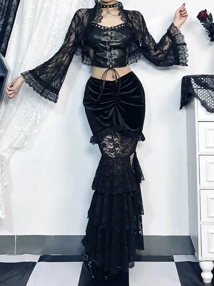 Gothic Velvet Fishtail Multi-Layer Splicing High Waist Lace Skirt