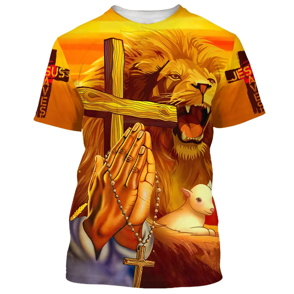 Hand Prayer Jesus Lion And The Lamb 3D All Over Printed Shirt for Men and Women